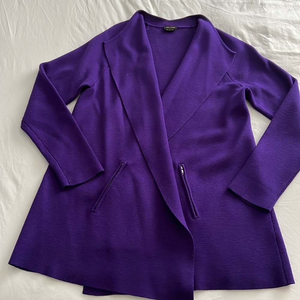 Deep Purple Marino Wool large-lapel sweater jacket - zipper pockets - open front